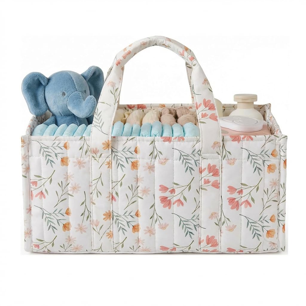 GSenhui BBIQI Floral Baby Diaper Caddy Quilted Fabric Basket Nursery Storage Basket for Diaper and Wipes (White)