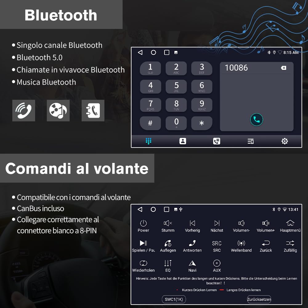 Autoradio 2 DIN per Golf 5 6 Passat Jetta Caddy Polo cc Tiguan EOS Touran T5 Scirocco Wireless CarPlay Android Auto Bluetooth/FM/RDS/USB/EQ/Tipo-C/Comandi al Volante