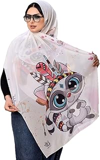 حجاب شيفون مطبوع بتصميم كرتوني، ابيض وبينك، وشاح عصري