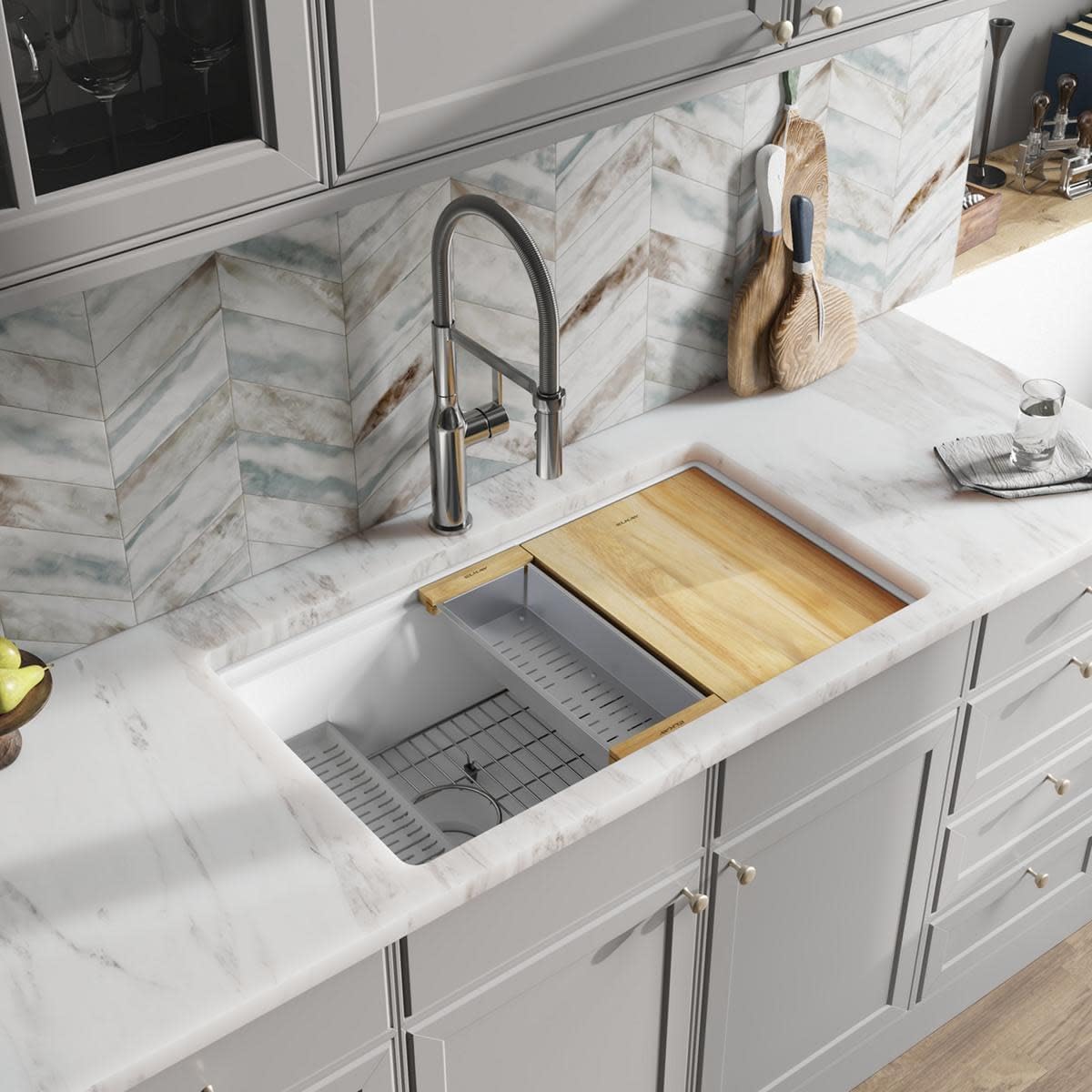 Elkay ELXRU13322W Quartz Luxe 33" Undermount Single Basin Quartz Composite Workstation Kitchen Sink with Basin Rack, Colander and Cutting Board - Ricotta
