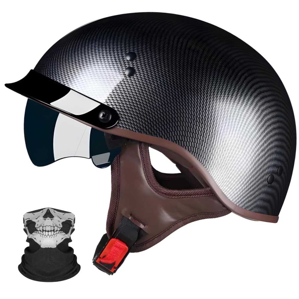 Retro Motorrad Jethelm mit Visier und Sonnenblende, ECE 22.06 Halbhelm, Leichter Halbschalenhelm für Damen und Herren, für Roller Moped Chopper City Ride