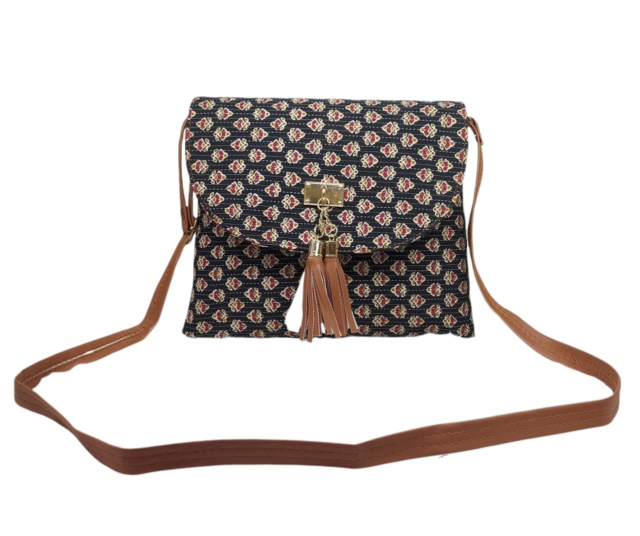 queien Printed Handicraft Fabric Crossbody Sling Bag with Adjustable Shoulder Strap and Printed (Colour - Brown) Pack of 3