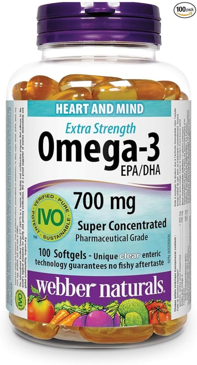 Webber Naturals Omega-3 700 mg Extra Strength, 100 Softgels | No Fishy Aftertaste, Supports Cardiovascular Health & Brain Function, Clear Enteric