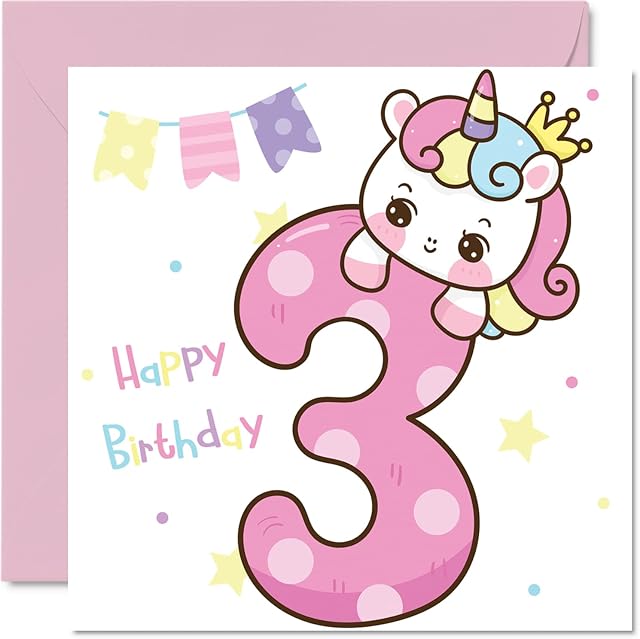 3rd Birthday Card Girl - Magical Unicorn Birthday Card - Happy Birthday Card 3 Year Old Girl, Girls Birthday Cards for Her, 145mm x 145mm Greeting Card for Daughter Niece Granddaughter Kid Children