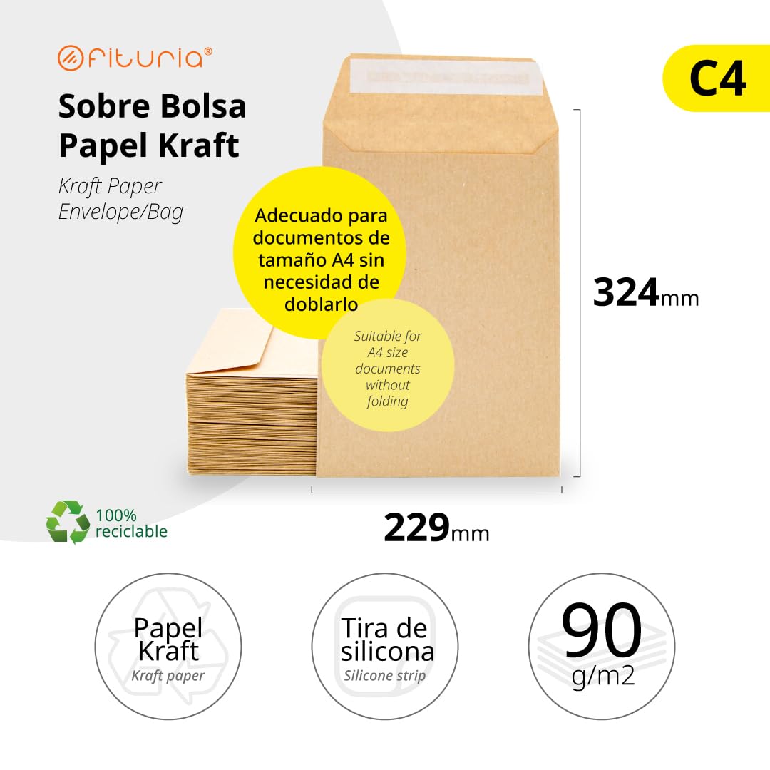 Buste di Carta Kraft, Buste per Documenti, Regali, Inviti di Matrimonio e Spedizioni, Sacchetti di Carta Resistenti e Versatili per Ogni Occasione, Formato C4 - Ofituria (229x324, 50 pz)