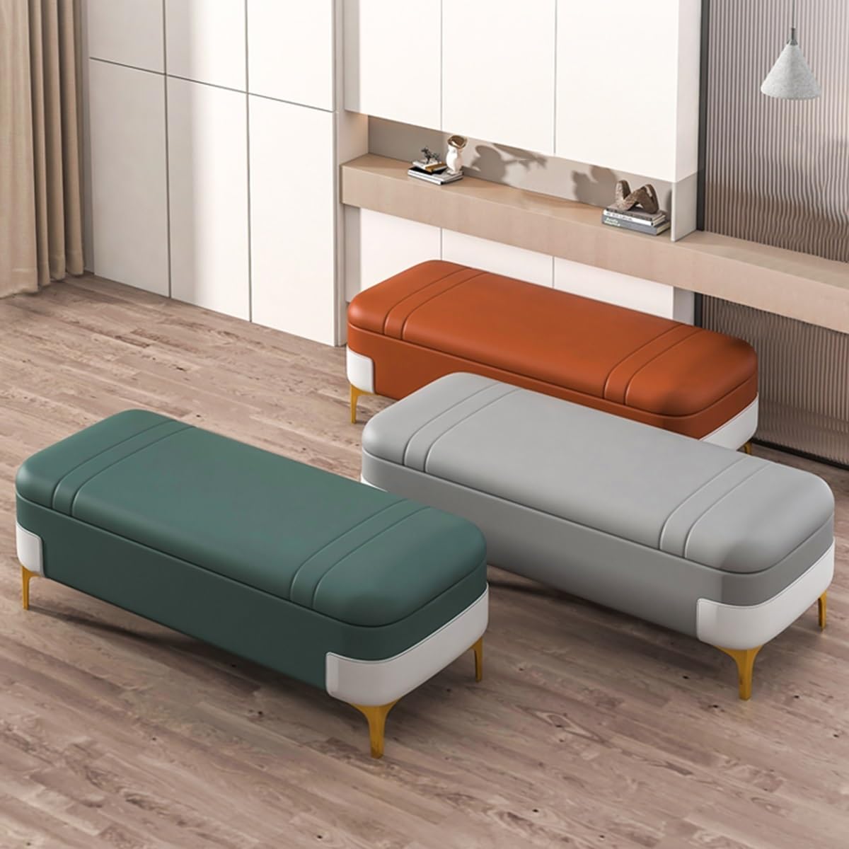 Prostokątny Podnóżek Z Ukrytym Schowkiem Tapicerowany Podnóżek Ottoman Z Schowkiem, Metalowymi Nogami Ławka Do Sypialni Lub Salonu(Orange,80cm)