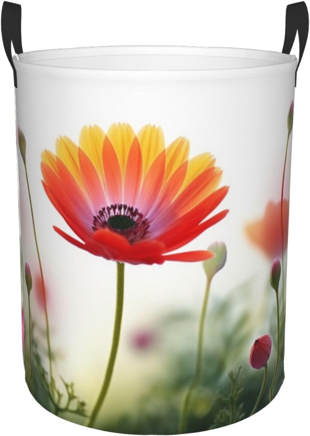 Nature Flower print Circular Hamper Waterproof Storage Bin Organizer Basket Laundry Hamper With Handles For Clothes Toys Medium