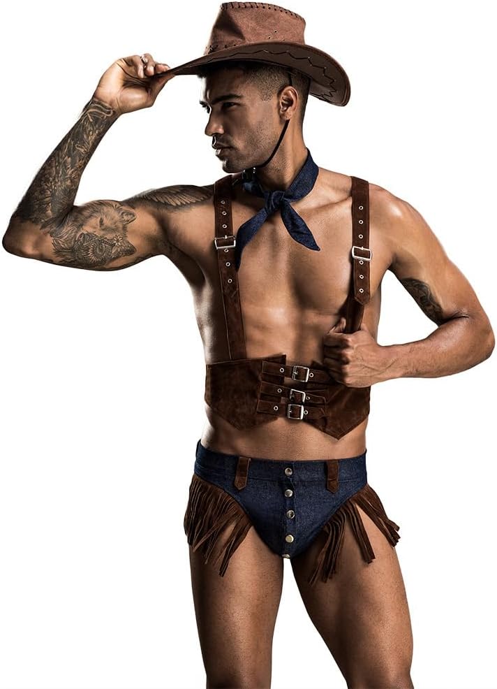 Men’s Sexy Cowboy Cosplay Set, Western Hat, Blue Wild Rag Neckerchief, Adjustable Chest Harness, Tassel Rivet Brief for Halloween Valentine Birthday bar Nightclub Stage Performance Party