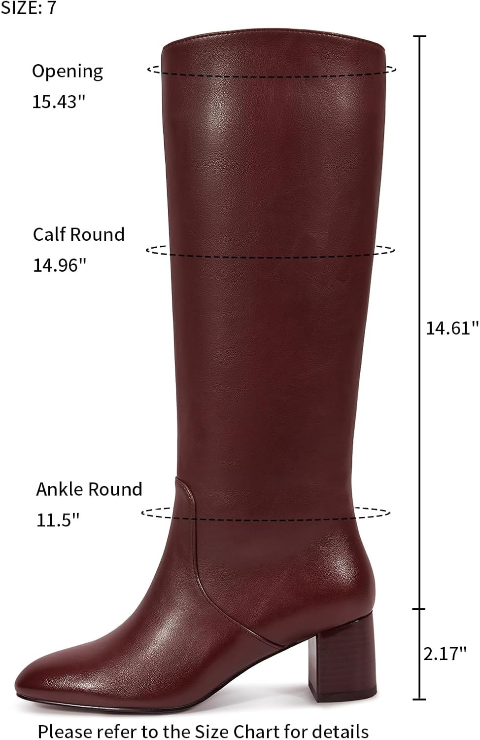 wetkiss Low Heel Knee High Boots for Women Regular Calf Friendly Side Zipper Almond Toe Faux Leather Comfortable Boots for Walking, Dancing, Standing for Long Periods With No Pain 6.5 Burgundy