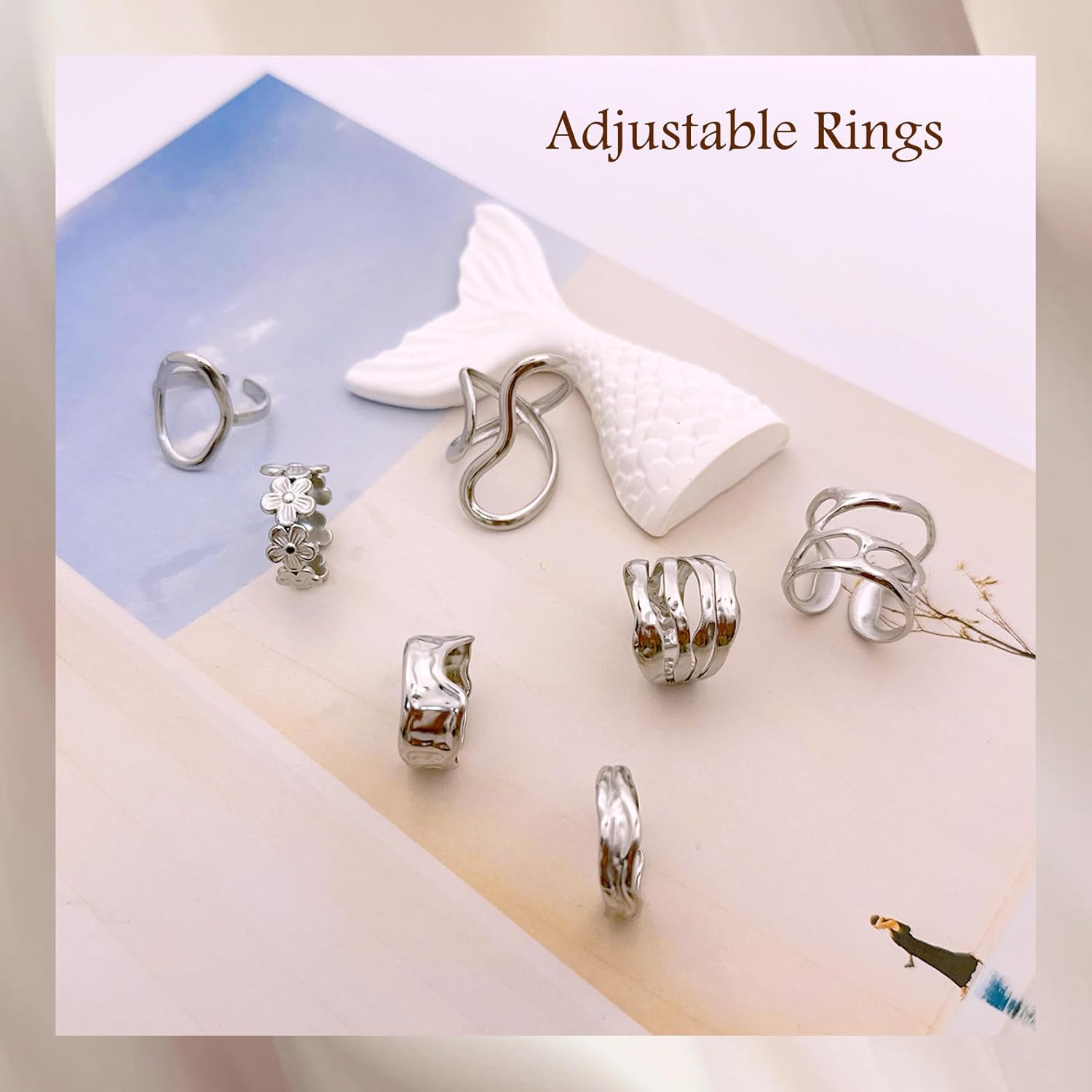 Gold Chunky Rings for Women Open Adjustable Statement Boho Rings Set Stainless Steel Silver Non Tarnish Ring Asymmetrical Wavy Curve Unique Thumb Irregular Thick Flower Ring - Image 4