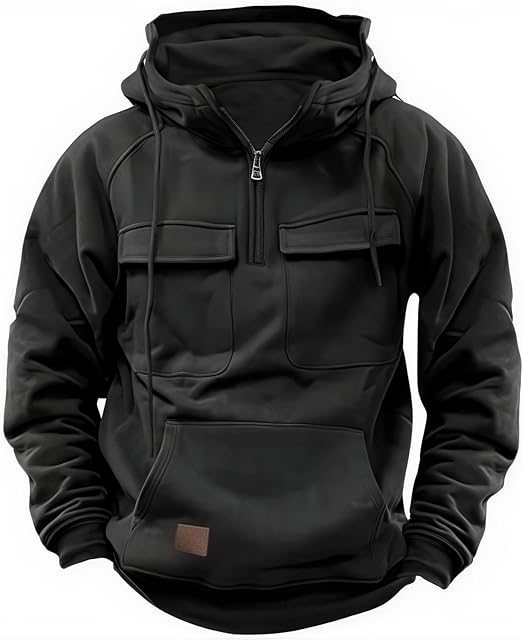 Hello MrLin Hoodie noire pour les hommes Sweatshirt tactique Quartier Zip Cargo Pullover Hoodies entraînement Hommes Mode Outdoor Hoodie