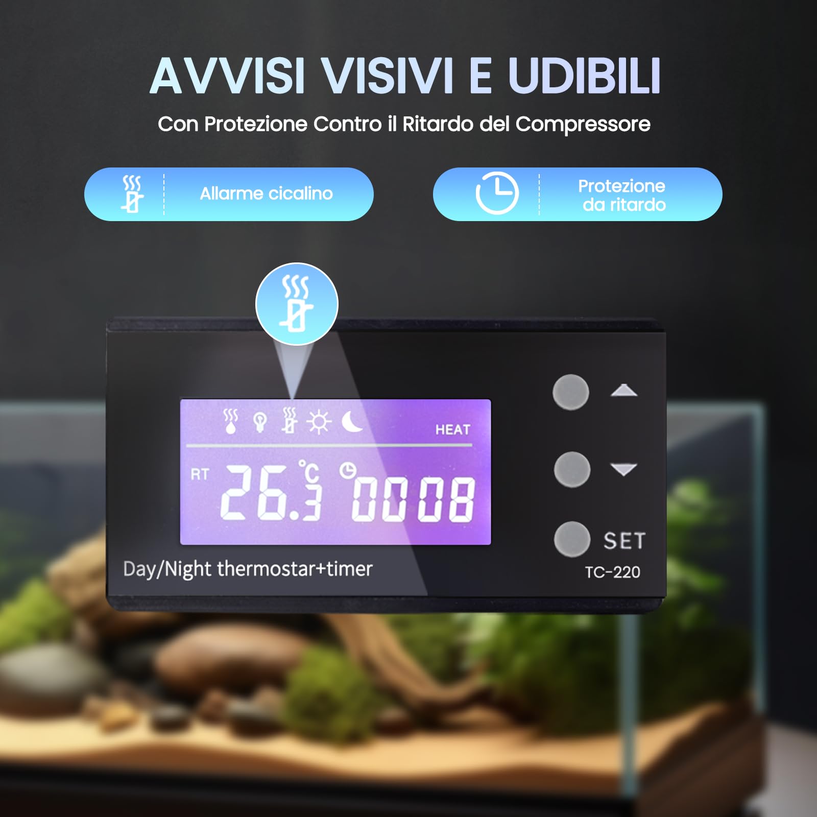 Luxvista Presa Termostato Terrario Rettili con Sonda, 220V Regolatore di Temperatura Digitale Presa con Riscaldamento o Raffreddamento, Giorno Notte Timer per Serra, Acquario, Rettili, ecc