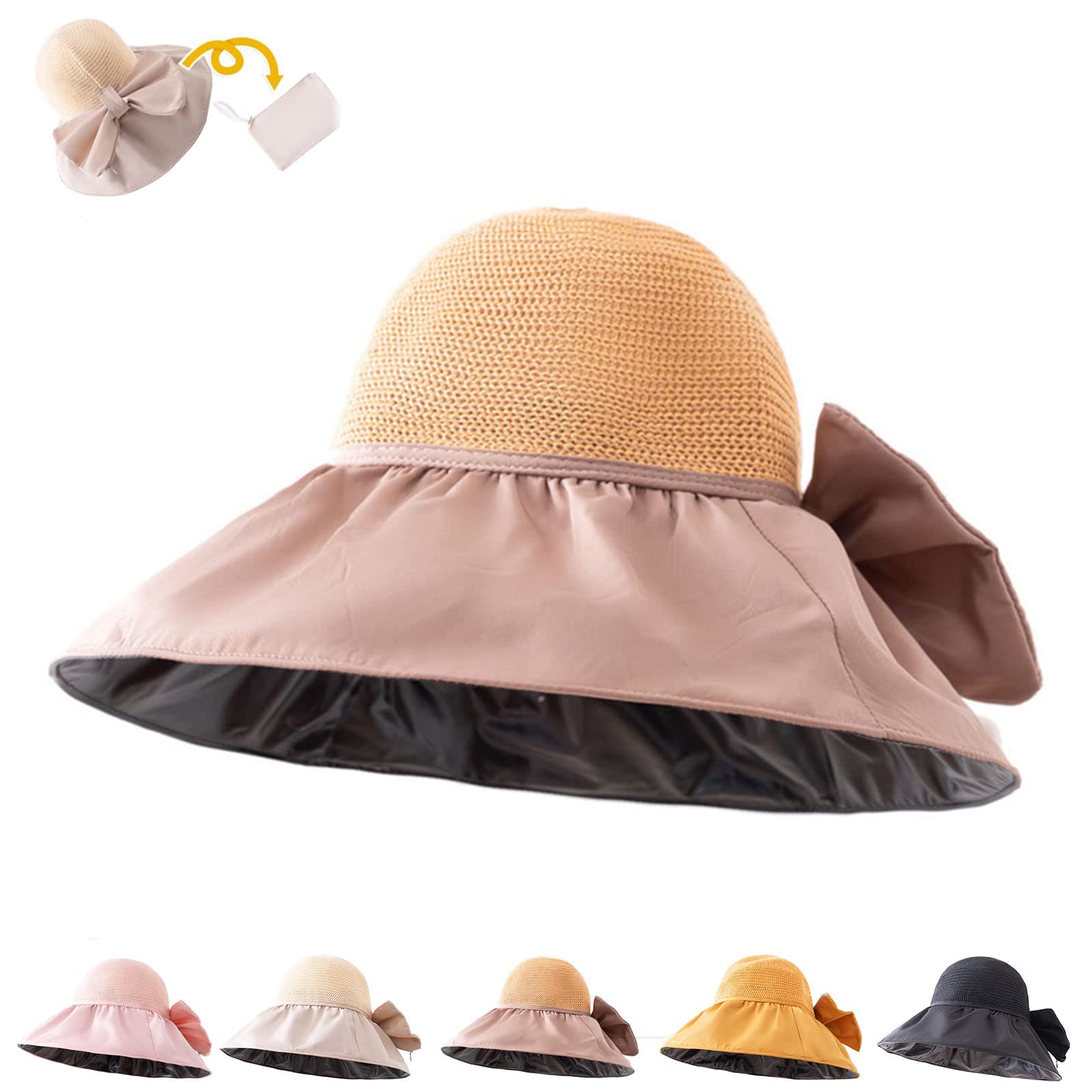 Womens Foldable Anti-UV Ribbon Pouch Sun Hat, 2023 New Packable UPF 50+ Wide Brim Sun Hat Breathable Beach Hat