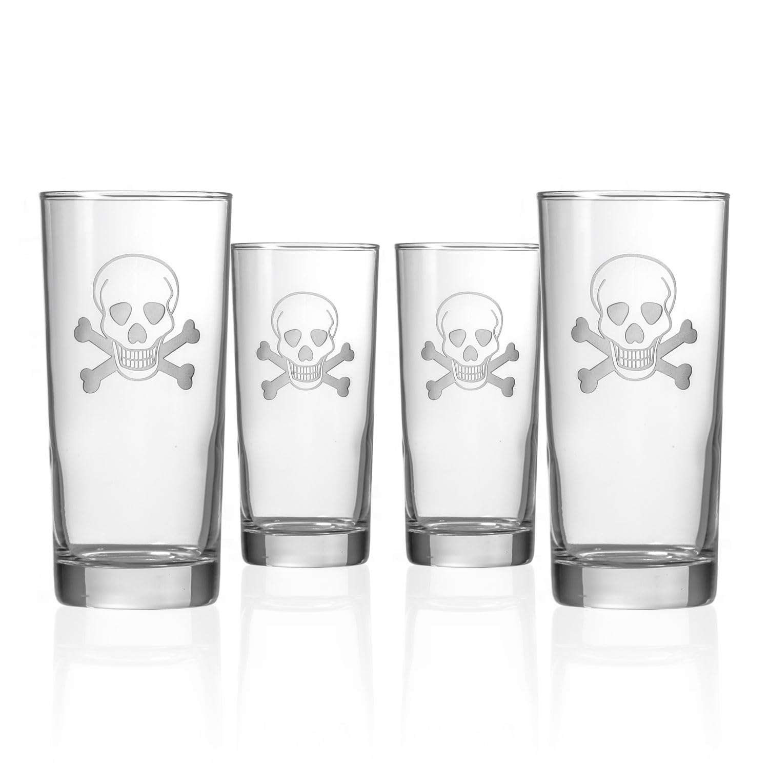 Rolf Glass Skull and Crossbones Highball Glass | Set of 4 15oz Cooler Glasses | Lead-Free Engraved Glass with Heavy Base | Proudly Made in the USA