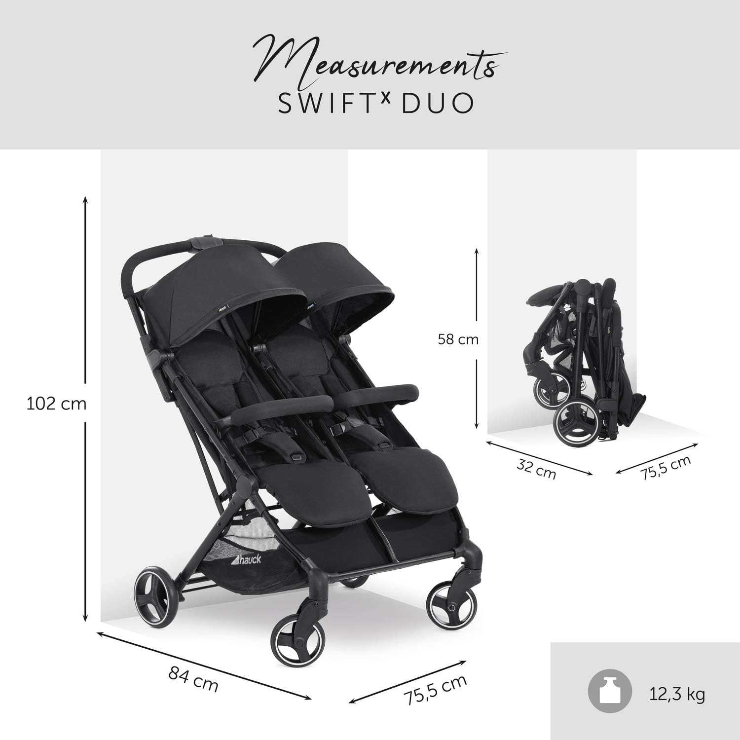 hauck Swift X Duo, Black - Twin Pushchair with Raincover, Side by Side Double Stroller (only 75 cm wide), Compact & One Hand Folding, Lie-Flat Position