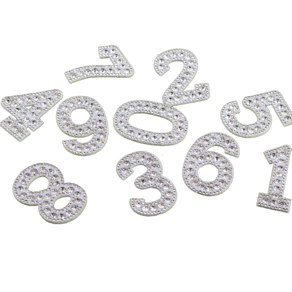 XUNHUI White 0-9 Number Patches Rhinestones Iron on Patch Appliques for Clothing Hat DIY Sewing Garment Applique Accessories 1 Set