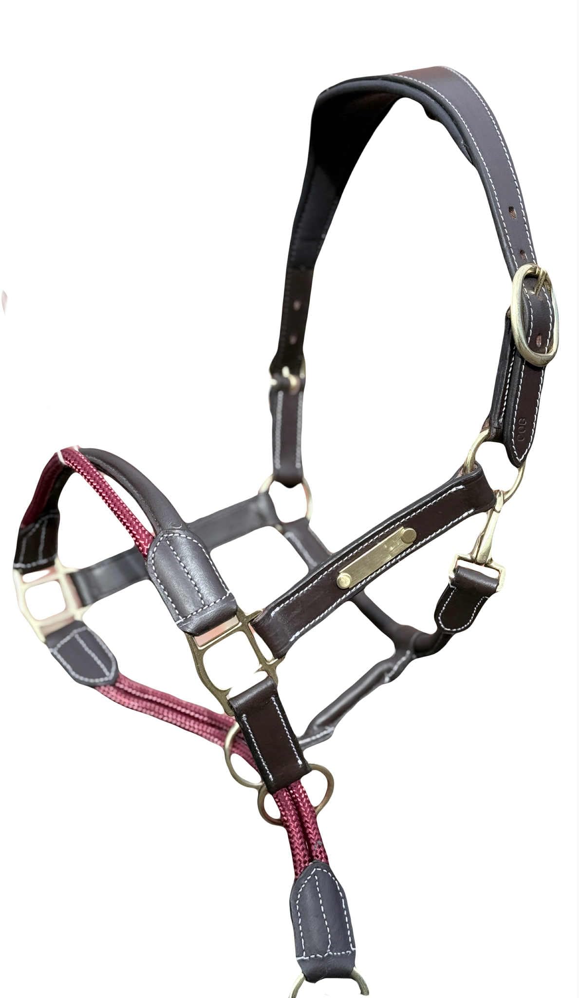 Anatomical Leather Horse Headcollar with Rope Control, Brass Fittings (Burgundy/Brown, Cob)