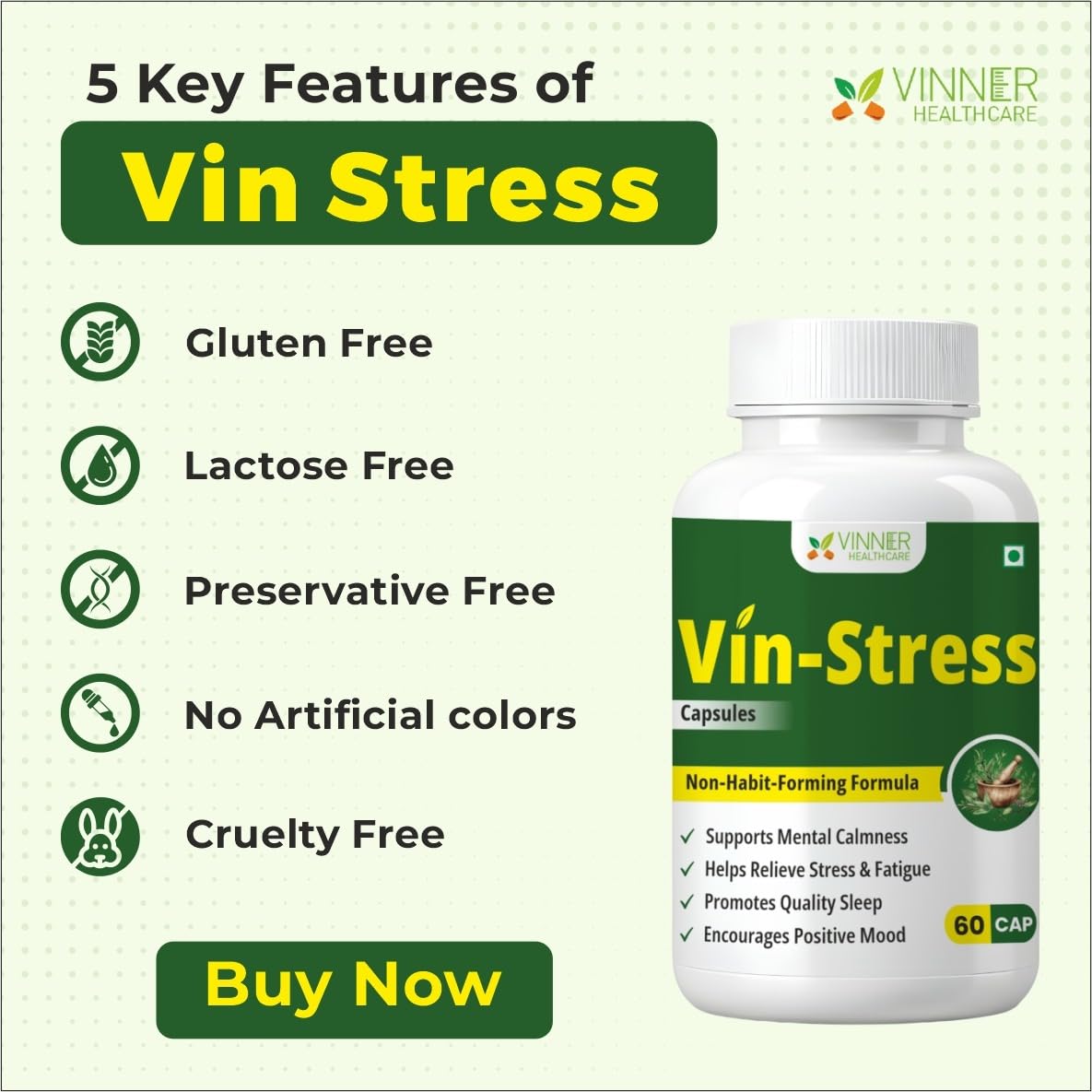 Ayurvedic Anxiety & Stress Relief, Mood Calm & Better Sleep Support | Vin-Stress Capsules | Ashwagandha Brahmi Shankhapushpi Jatamansi Tagar | Non-Habit Forming | 60 Capsules — Amazon image 7