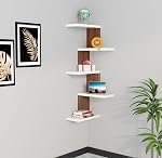 Furniture Café Modern Wooden Corner Wall Shelf with 5 Tiers – Space-Saving Display Rack for Living Room, Bedroom, or Office