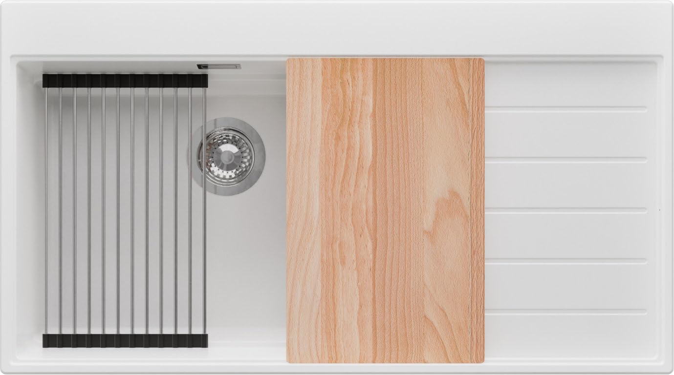 PRIMAGRAN Evier Cuisine en Granit au Meuble 60cm + Kit de Vidage, 90x50cm