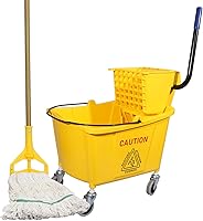 wajeehaa 35 Quart Commercial Mop Bucket with Side-Press Wringer & Mop - Heavy Duty Floor Cleaning for Hotels, Offices, Hospitals