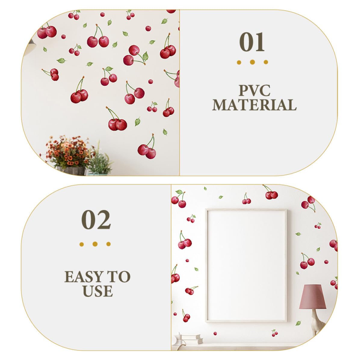 Stickers Muraux Cerise Fraîche 30x20 Cm Lot de 2 Set de Set, Autocollants Repositionnables et Décoratifs pour Salon, Chambre et Décoration Murale Intérieure Maison
