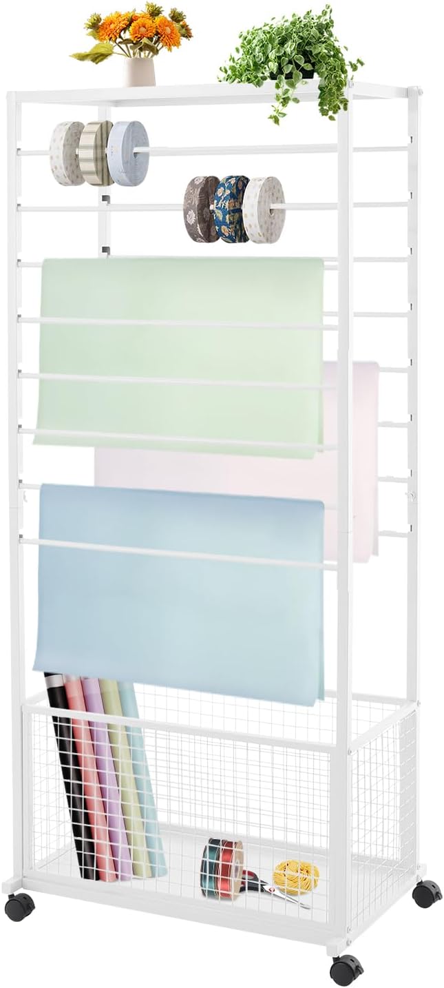 16-Tier Double Sided Ribbon Organizer Rack, Metal Ribbon Storage Holder, Wrapping Paper Rack, Vinyl Rolls Storage Display Stand For Craft Rooms Flower Shops (White)