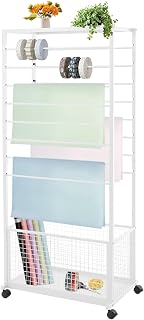 16-Tier Double-Sided Ribbon Holder Rack, Metal Wrapping Paper Organizer with Lockable Wheels and Top Shelf, Free Standing Flower Packaging Display Stand for Craft Room, Flower Shop (White)