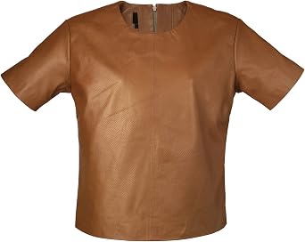 Womens Leather Top - Back Side Hidden Zipper Round Neck Lambskin Leather Perforate Half Sleeve Top For Girl