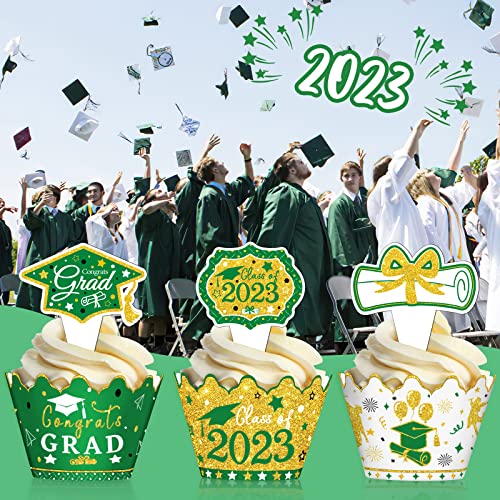 108Pcs 2023 Graduation Cupcake Toppers Wrappers Green And Gold, Class Of 2023 Cupcake Toppers Congrats Grad Cake Toppers For Graduation Decorations Party Supplies Cake Decor #TOP6