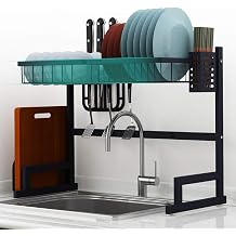 Dish Drying Rack with Cutlery Holder,Over Sink Dish Rack,Stainless Steel Dish Drainer,Storage Organizer Counter Kitchen Black 85Cm, 65Cm,Black-85cm33inch