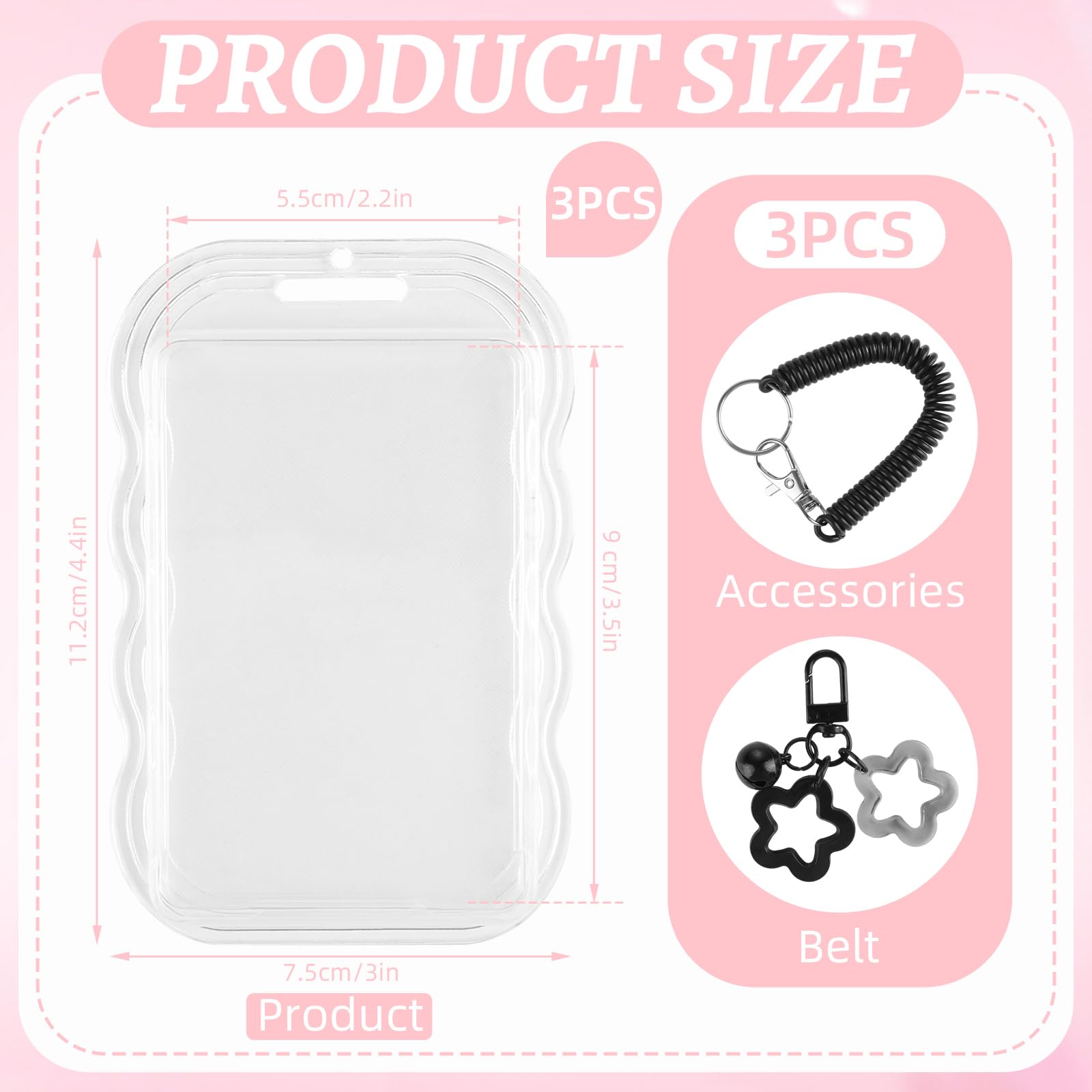 3 sztuki kluczyka Photocard Holder, Star Bells ID Card Holder z odpinanym linkoszkiem, dwustronny uchwyt na dowód, karty z zdjęciami dla dowód, karta autobusu, wyświetlacz zdjęć idola (Biały, Czarny