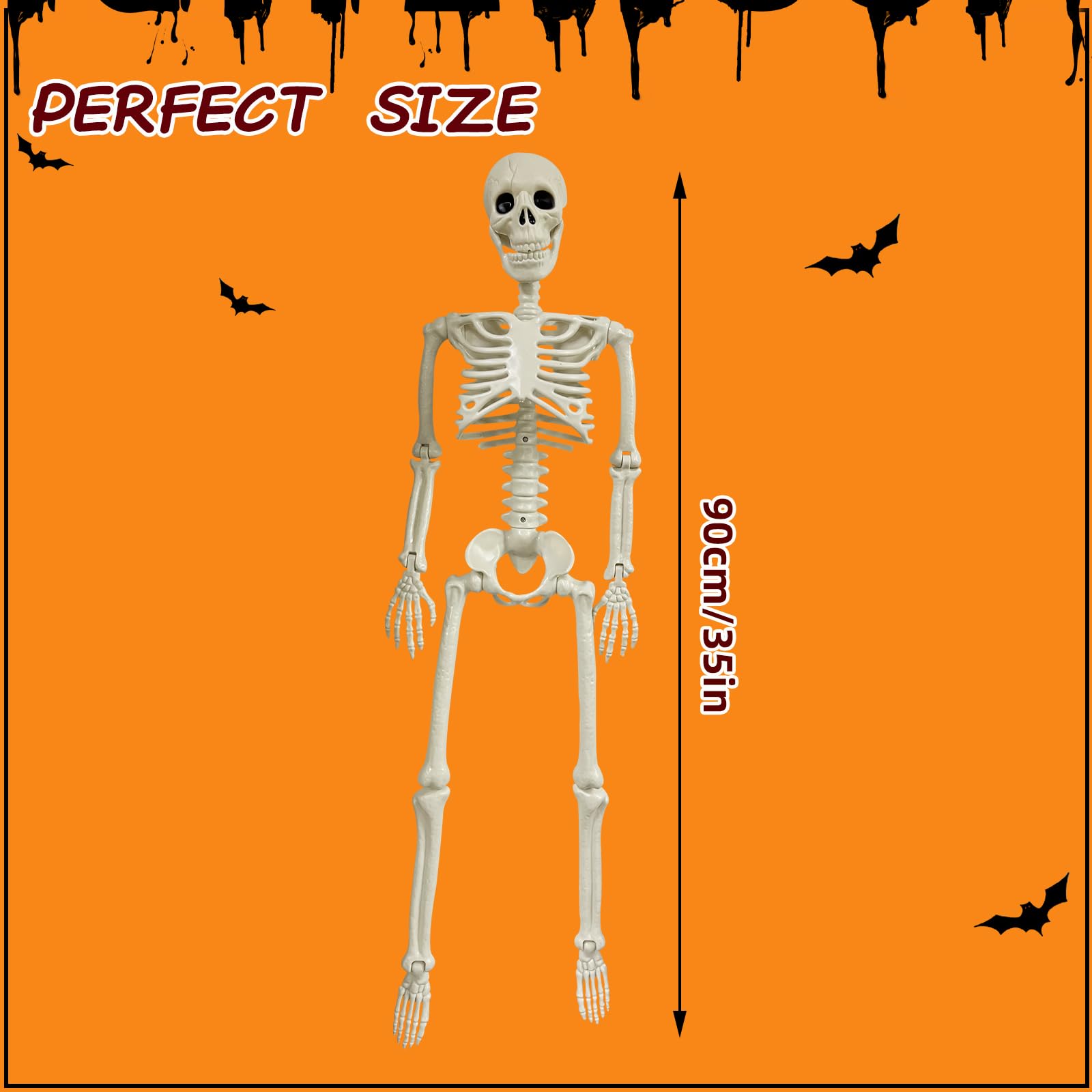 JIALWEN Halloween-Skelett-Dekoration – 91 Cm, Bewegliche Gelenke, Kunststoff – Für Gruselpartys & Deko