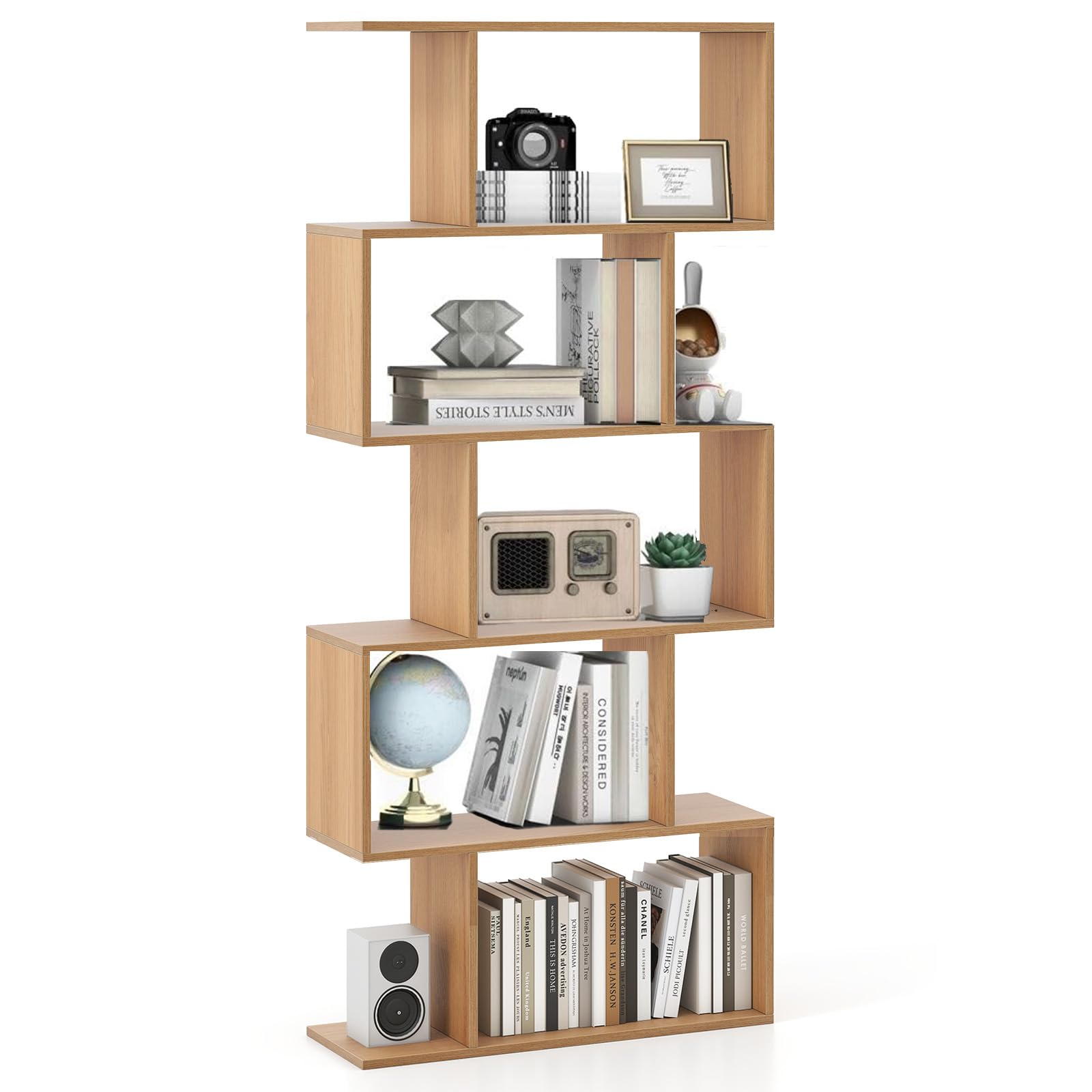 SFAREST 5/6 Tier Bookcase, S-Shaped Bookshelf(Natural,70 x 24 x 158cm) — image 1