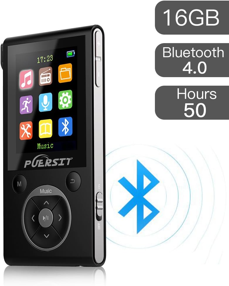 16GB MP3 Player,HiFi Bluetooth MP3 Player 50 Hours Playback Portable Music Player Lossless Sound Media Player By Puersit (Black+Silver)
