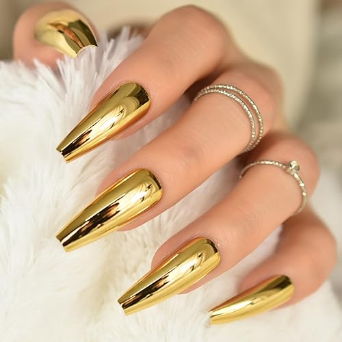 Golden Color Metallic Press On Nails Long Coffin - IKISKT
