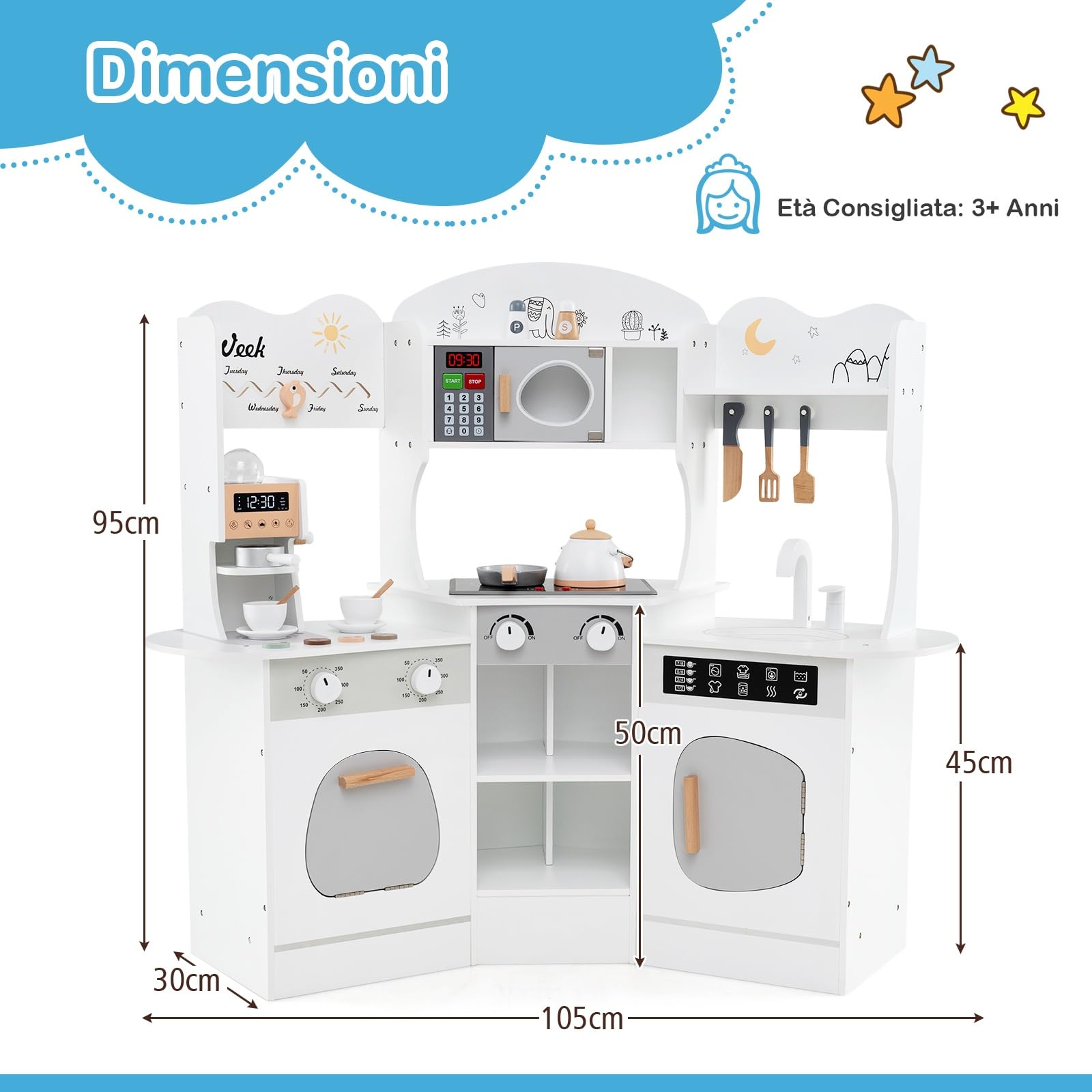 RELAX4LIFE Cucina Giocattolo per Bambini, Mini Cucina Angolare in Legno con Luci e Suoni Reali, Utensili, Set Giocattoli per Bambini 3+ Anni, 105 x 30 x 95 cm (Bianco)
