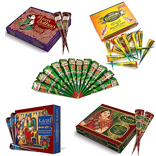 Multiple Assorted Henna Cones Kokila, Kaveri, Bansuri, Neeta & Prem Dulhan Henna Mehndi Cone Natural Herbal Temporary Tattoo Body Paint Mehandi 12 Cones In Each Box ( 5 Box ) Heena Cone Indian Traditional Heena Cone Set of 12 Temporary Tattoo India Painting Tattoo Paste Cone, 12 Tubes Brown Paste Cone Indian Body Art Painting Drawing