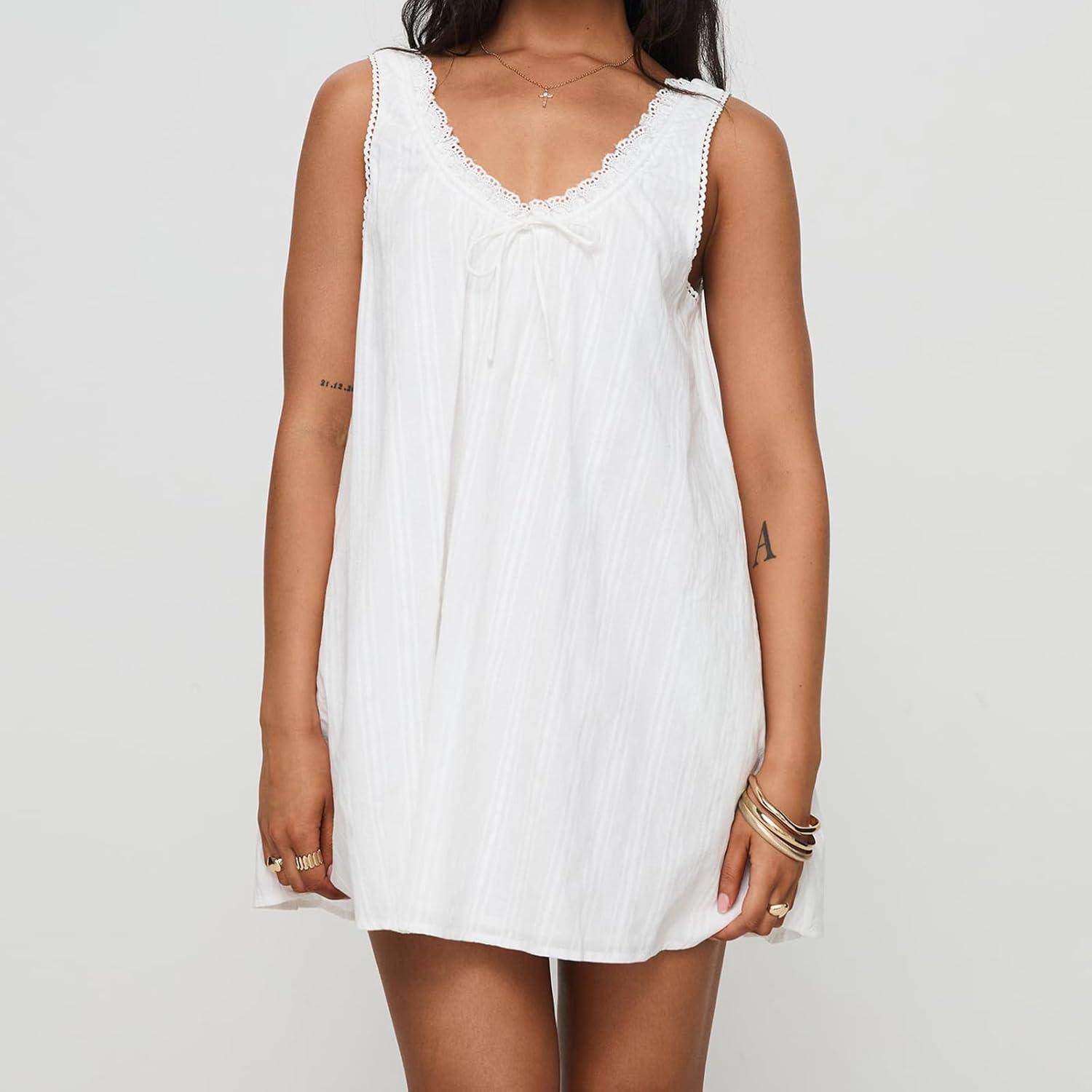 Womens Babydoll Tank Dress Y2k Lace Trim Square Neck Mini Dress Loose Aesthetic Sleeveless Flowy Backless Short Sundress - Image 6