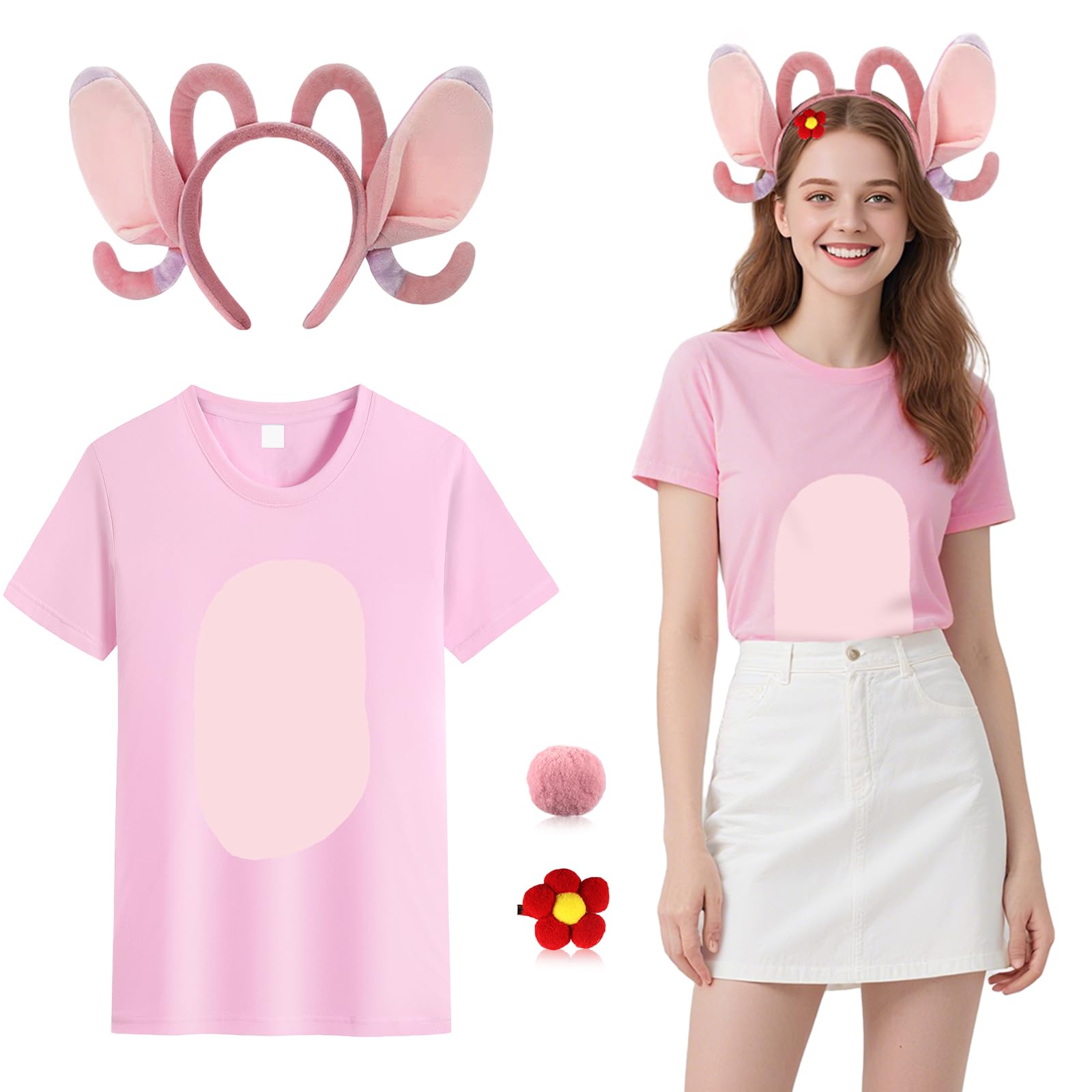 4Pcs Animal Costumes Set for Adults, Cartoon Fancy Dress Kit with Pink T-shirt Headband Furry Tail Flower Hair Clip, Cute Cosplay Costume for Halloween Party Dress Up Day Carnival World Book Day.