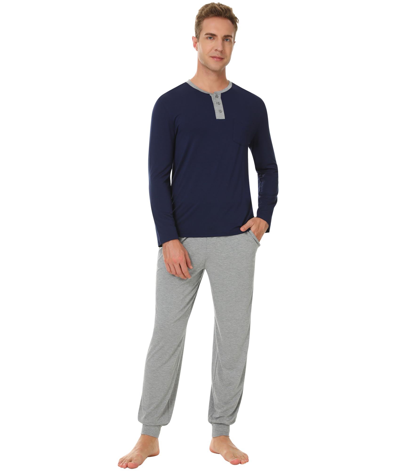 NACHILA Mens Pajamas Set Viscose Made from Bamboo Henley Top Sleep Pants