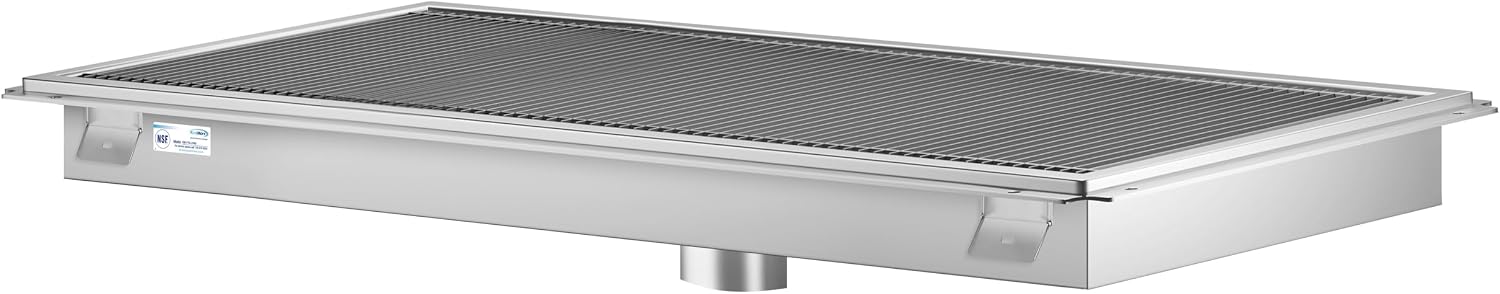 24" x 48" Stainless Steel Floor Trough Drain, 14-Gauge with Subway-Style Grating & Removable Drain Basket, NSF Listed (KM-FTG-2448)