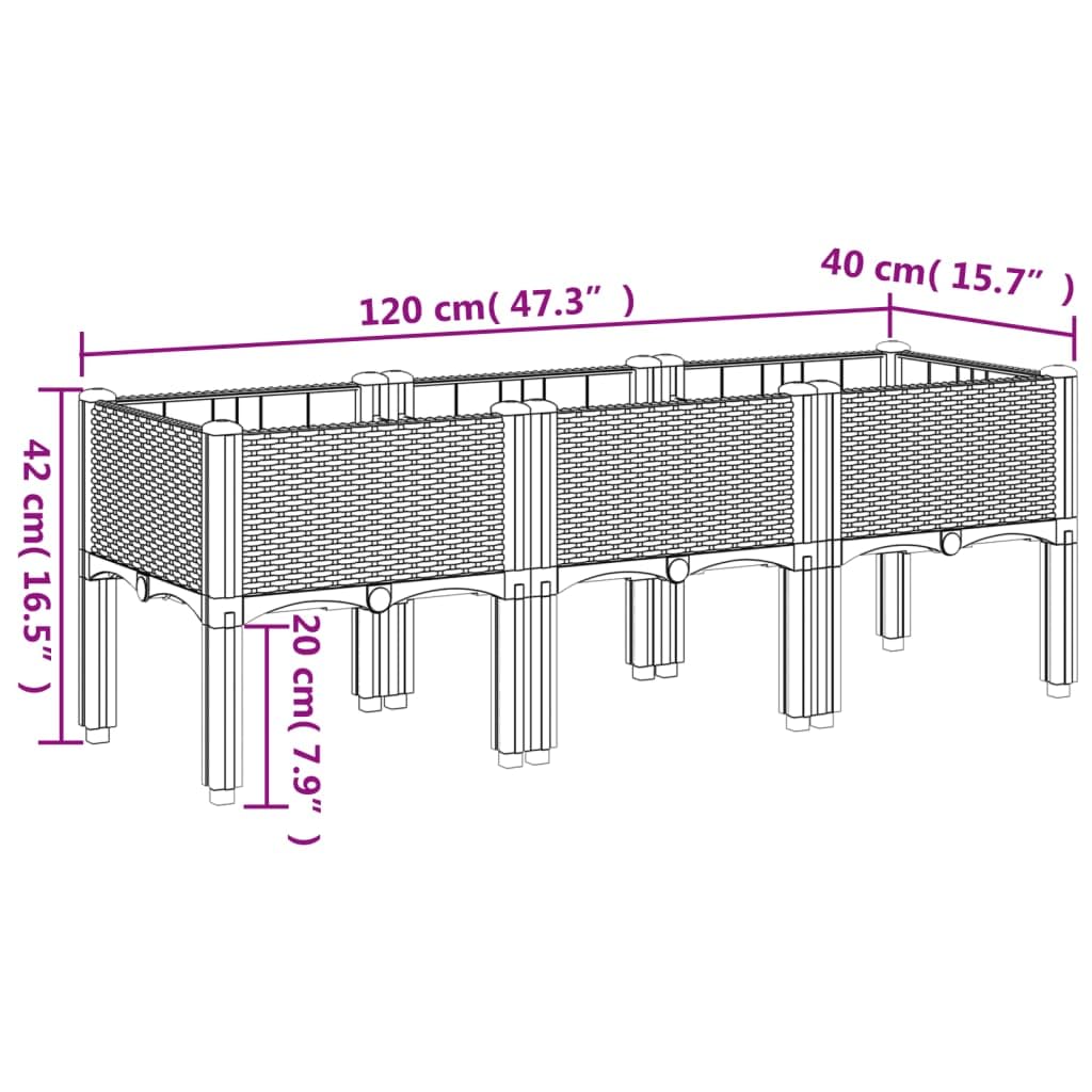 Donica ogrodowa z nóżkami czarna 120x40x42 cm PP podwyższona donica na warzywa kwiaty i rośliny pnące na taras balkon patio rattanowy design pojemnik z odpływem wody