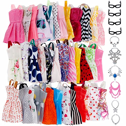 20 Pcs = Random 10x Mixed Style Mini Dress + 6X Plastic Necklaces + 4X Black Glasses Clothes for Accessories Toy
