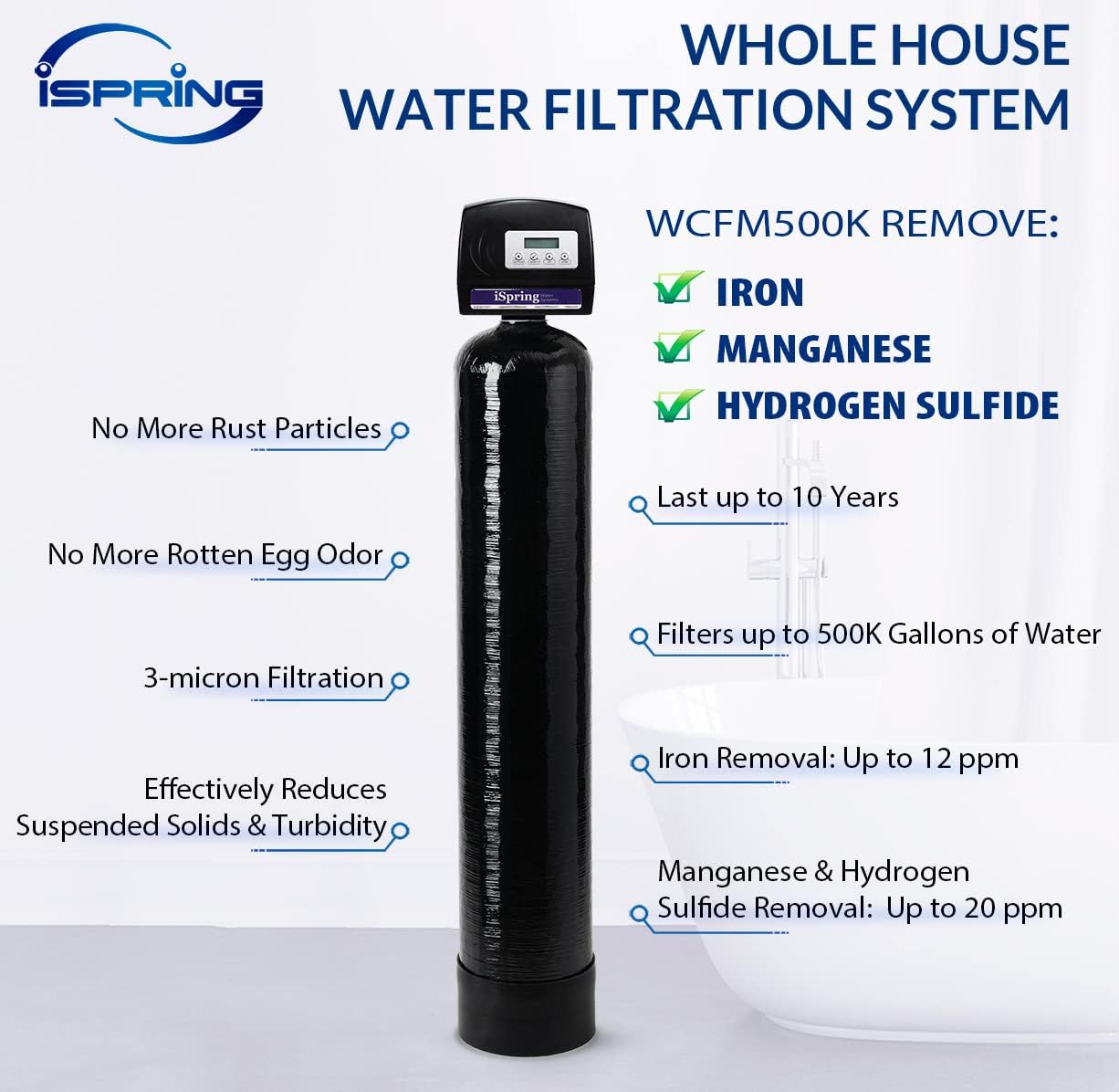 iSpring Iron, Manganese & Hydrogen Sulfide Whole House Water Filtration System with Prefilter, Set & Forget Digital Control, Use No Chemicals
