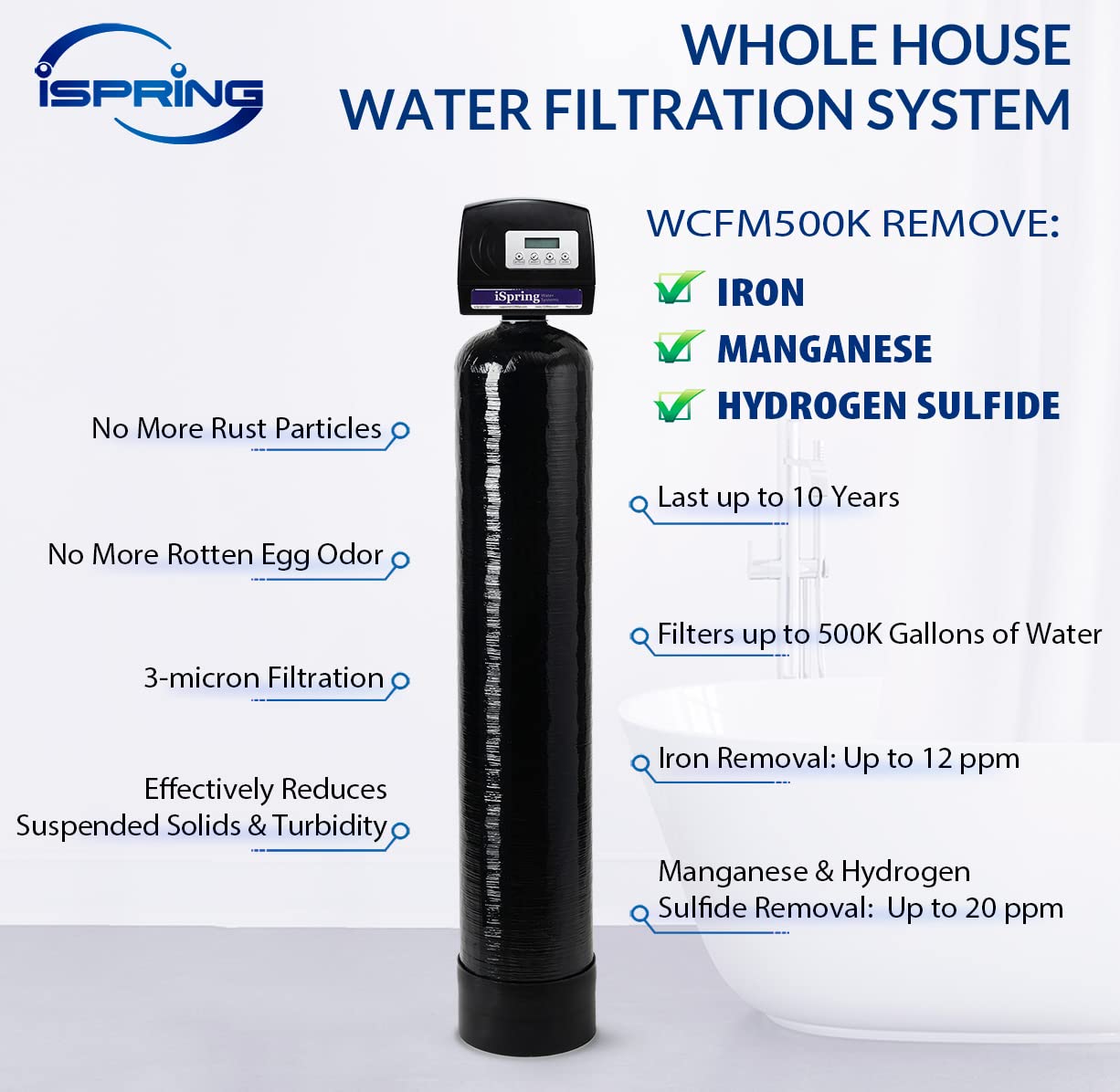 iSpring WCFM500K Iron, Manganese, and Hydrogen Sulfide Water Filtration System, Whole House or Well Water, Set & Forget, Last up to 10 Years - - 