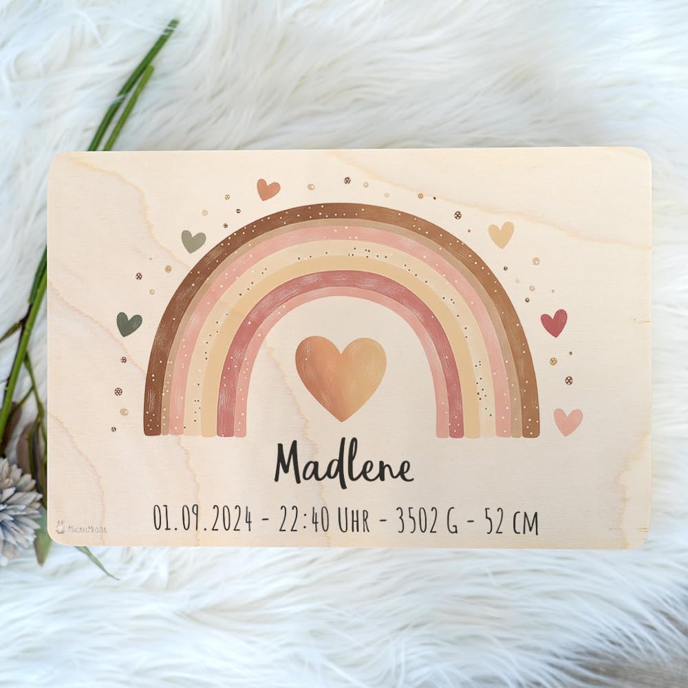Baby Erinnerungsbox - tolle Holzkiste personalisiert Baby - 30 x 20 x 14 Holz - personalisierte Erinnerungskiste - Babybox Erinnerung - Taufgeschenk Mädchen - Boho Regenbogen
