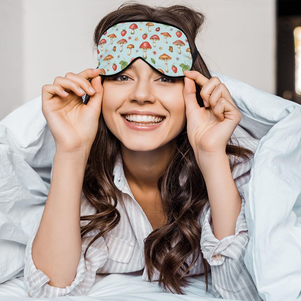Antifaz de seda con diseño de hongos, para dormir, flores de verano, fresa, mariposa, bayas, máscara de ojos con correa ajustable, ligera para mujeres, trabajo, viajes, noche de sueño