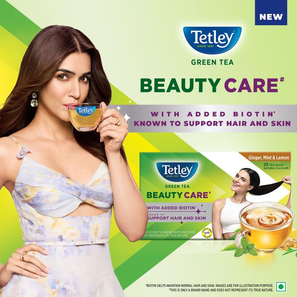 Tetley Green Tea Beauty Care, With Added Biotin, Supports Hair and Skin, 0 Calories, Natural Ginger, Mint and Lemon Flavors, 25 Sachets (1.7 g each) 1