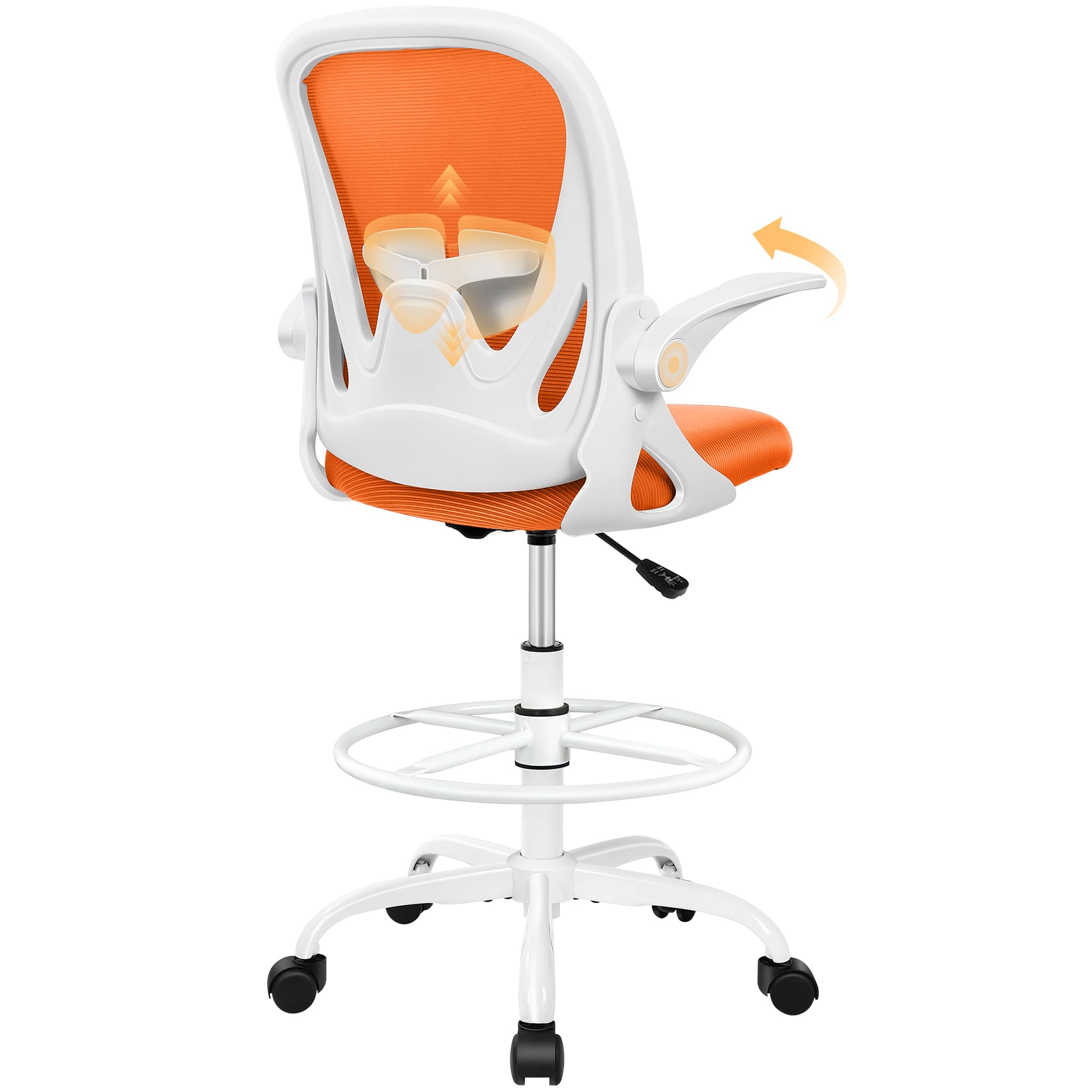 Primy Drafting Chair Tall Office Chair with Flip-up Armrests Executive Ergonomic Computer Standing Desk Chair with Lumbar Support and Adjustable Footrest Ring (Sunset Orange)